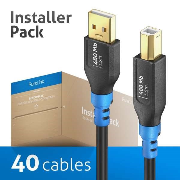 FlexInstall USB-A to USB-B Cable USB 2.0 480Mbps 1.50m - Installer Pack 40pcs