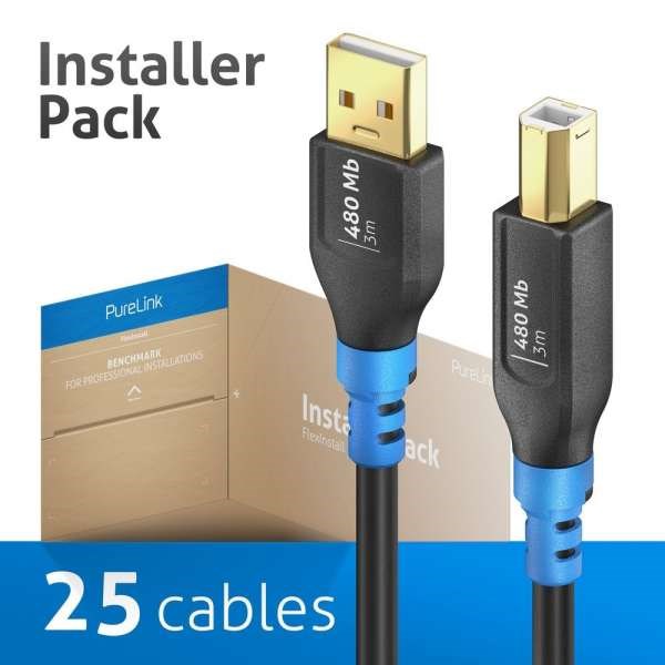 FlexInstall USB-A to USB-B Cable USB 2.0 480Mbps 3.00m - Installer Pack 25pcs