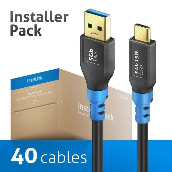 FlexInstall USB-C to USB-A Cable USB 3.0 5Gbps 1.50m - Installer Pack 40pcs