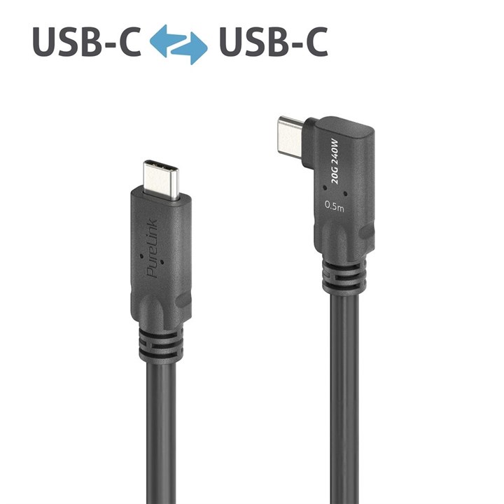 USB-C to 90° USB-C cable (left/right) with E-marker USB4 Gen2x2 20Gbps, 240W - PureInstall 0.50m