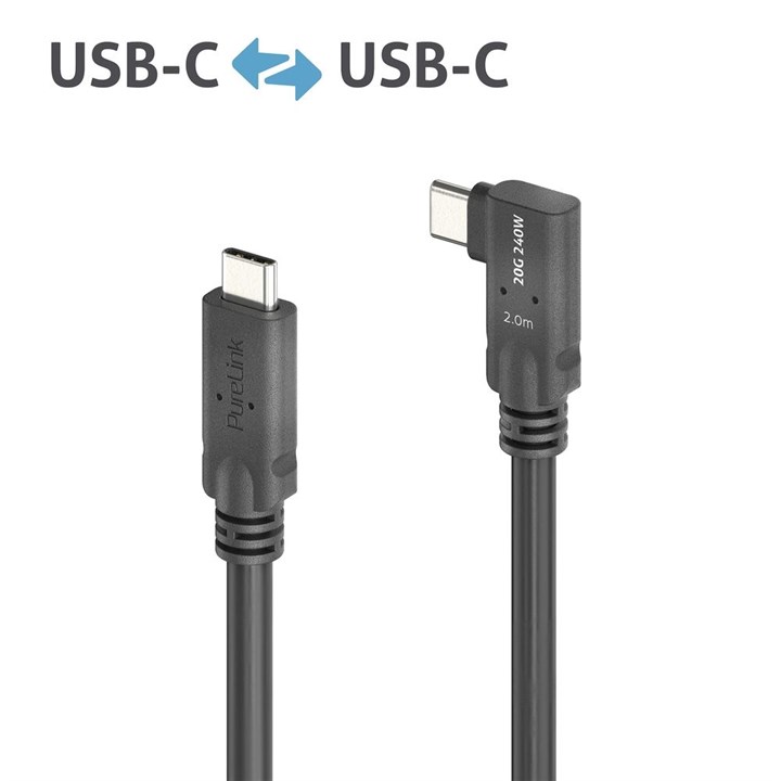 USB-C to 90° USB-C cable (left/right) with E-marker USB4 Gen2x2 20Gbps, 240W - PureInstall 2.00m